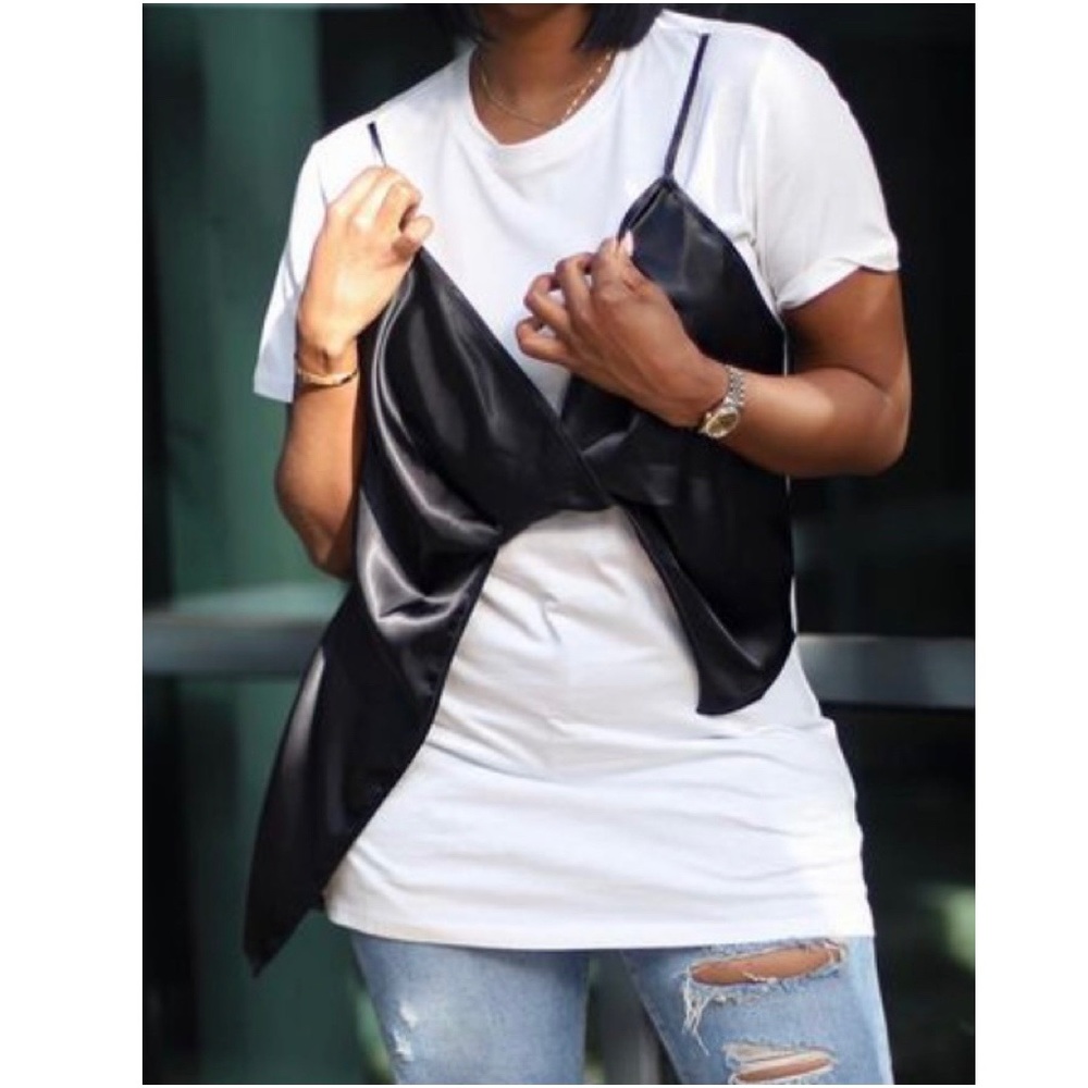 White Tee with attached Black Silk Cami NWOT
